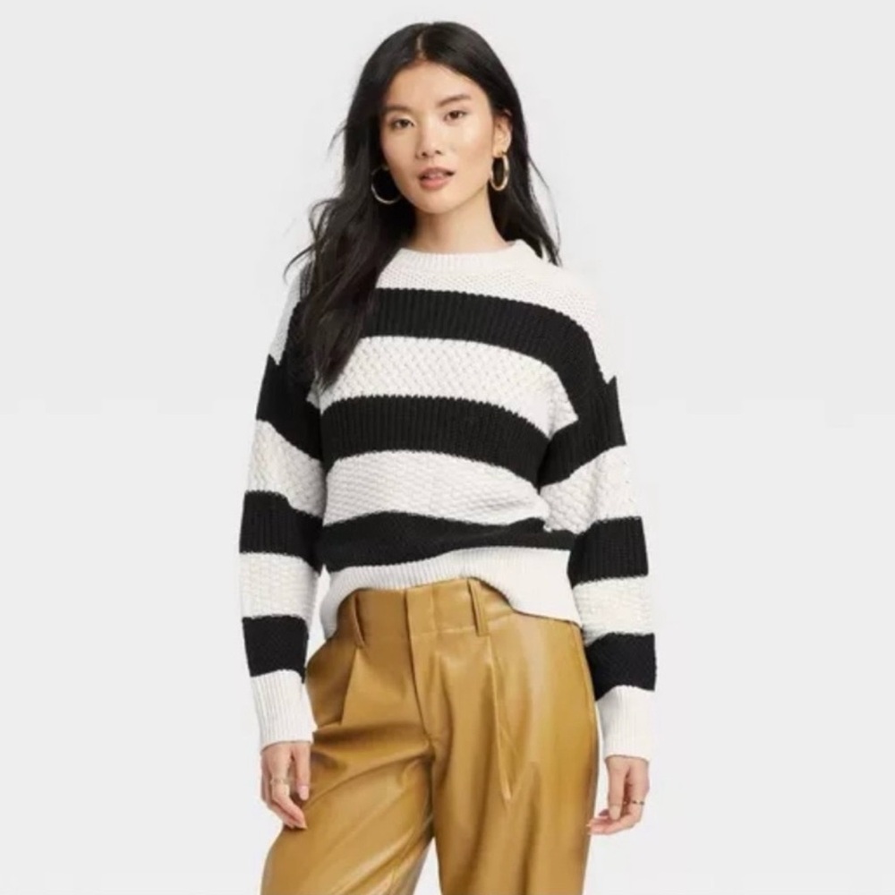 a new day Black and White Striped Crew Neck Sweater